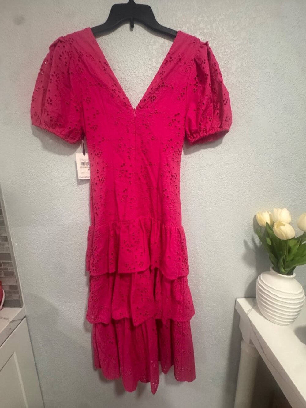 Pink Eyelet Tiered Midi Dress With Puff Sleeves V-Neck And Back Zip Closure - Si - Picture 7 of 9